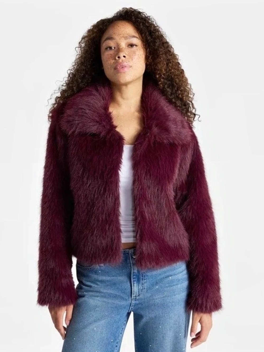 No Boundaries Faux Fur Cropped Jacket Burgundy Medium NWT